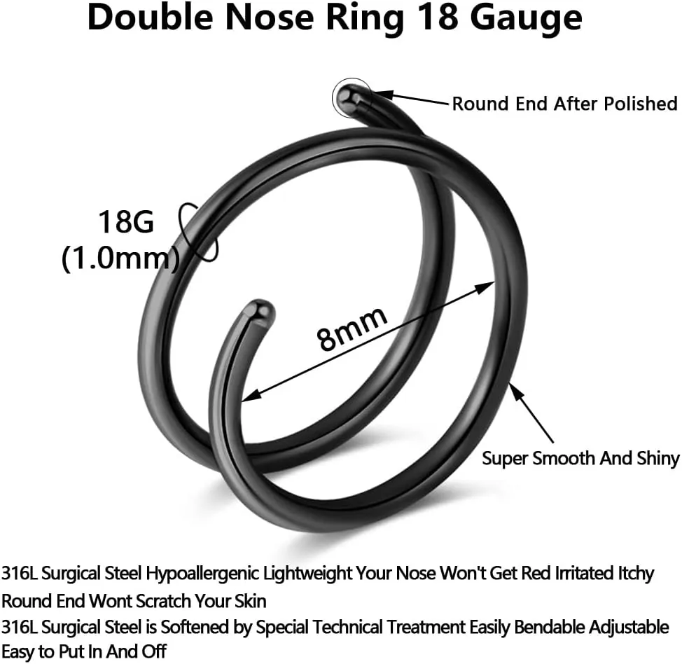 1-15PCS Double Hoop Nose Ring for Single Piercing 18G 20G 22G Spiral Nose Rings Hoops 18 20 22 Gauge Surgical Steel Twist Nose Piercing Jewelry Nostril for Women Girls Men Hypoallergenic Pack Easy Bendable 6mm 8mm 10mm