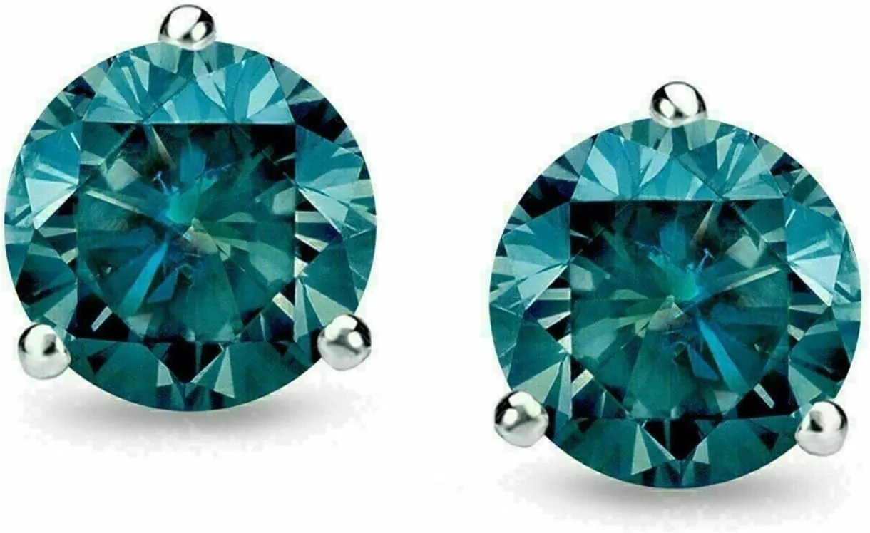 1 Ct Round Cut Blue Diamond Stud Earrings 14K White Gold Finish