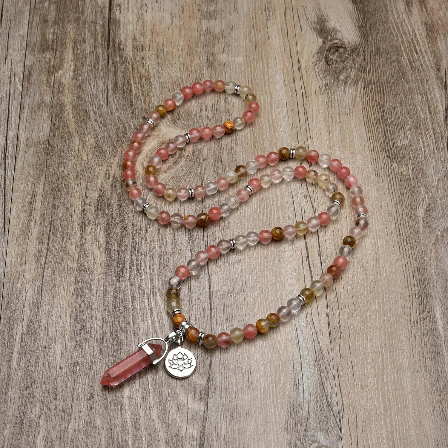 108 Natural Mala Prayer Beads Bracelet Necklace with Lotus Charm and Reiki Quartz Hexagonal Prism Pendant