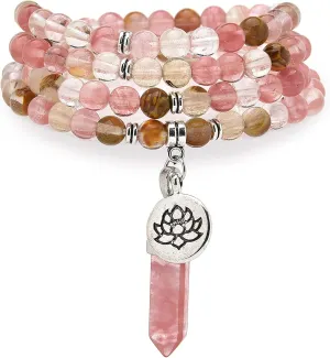 108 Natural Mala Prayer Beads Bracelet Necklace with Lotus Charm and Reiki Quartz Hexagonal Prism Pendant