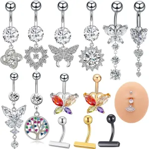 13Pcs Belly Button Ring Surgical Steel Belly Rings Belly Button Piercing,Silver Belly Button Ring Belly Ring Navel Piercing Jewelry