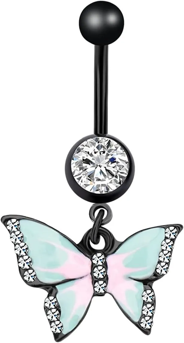 14G Belly Button Rings, Belly Button Rings Dangle Stainless Steel Belly Button Rings Hollow Butterfly Cubic Zirconia Belly Button Jewelry