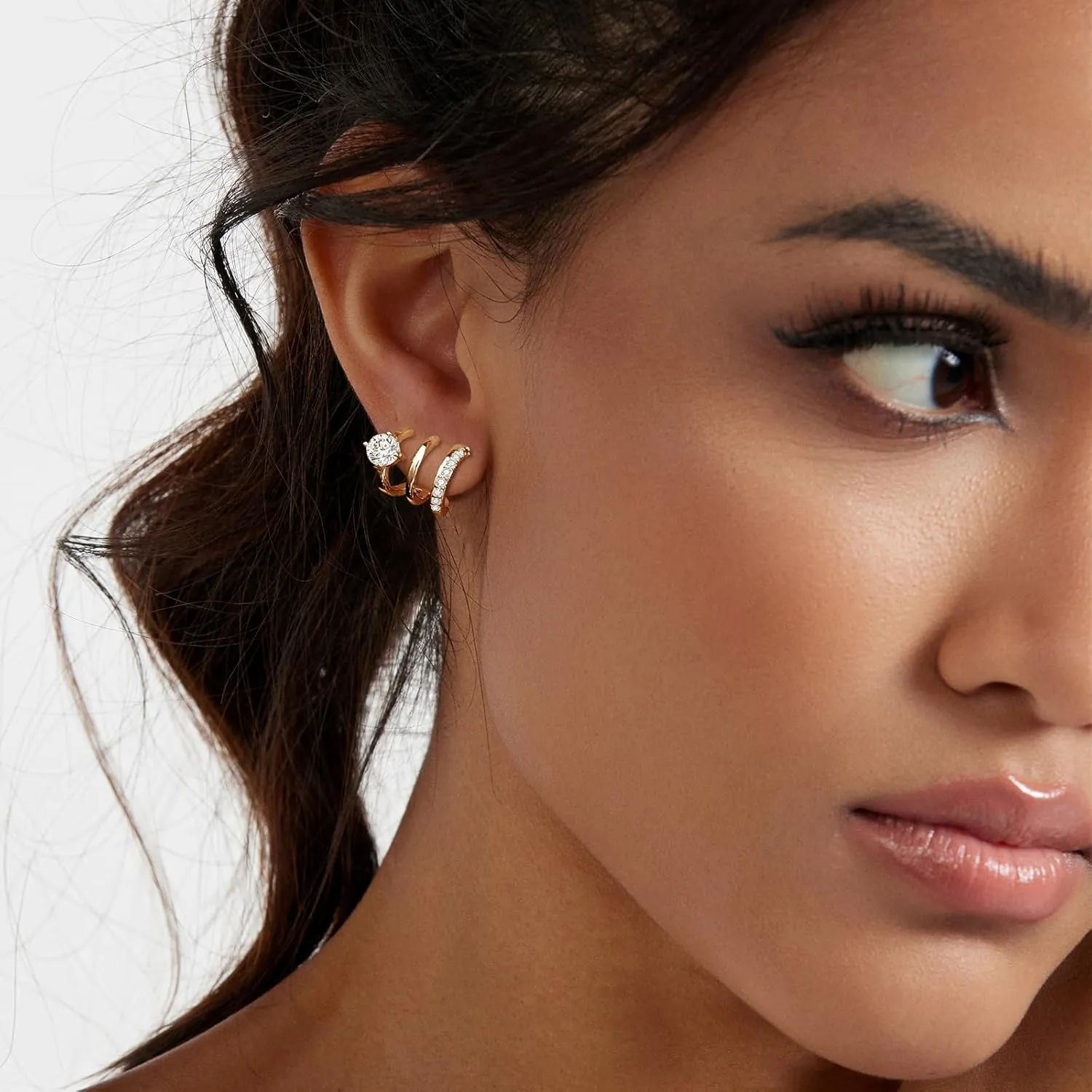 14K Gold Plated Hoop Earrings for Women Triple Huggie Illusion Stud Earring | Double Huggie Hoop Earrings for One Hole | Claw Ear Cuff Earring Jewelry Gift for Women