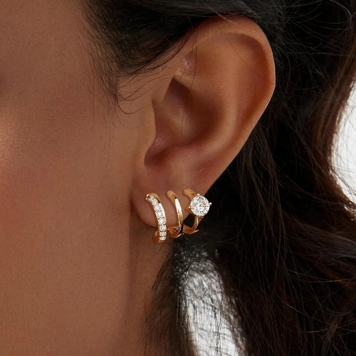 14K Gold Plated Hoop Earrings for Women Triple Huggie Illusion Stud Earring | Double Huggie Hoop Earrings for One Hole | Claw Ear Cuff Earring Jewelry Gift for Women