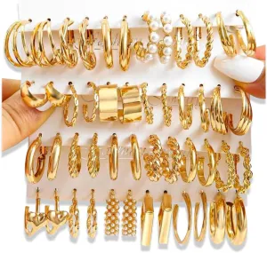 16-24 Pairs Gold Silver Black Earring Set for Women, Chunky Earring Multipack Punk Trendy Big Small Stud Hoop Earring Lightweight Twisted Pearl Ear Pack For Daily Birthday Party Gift