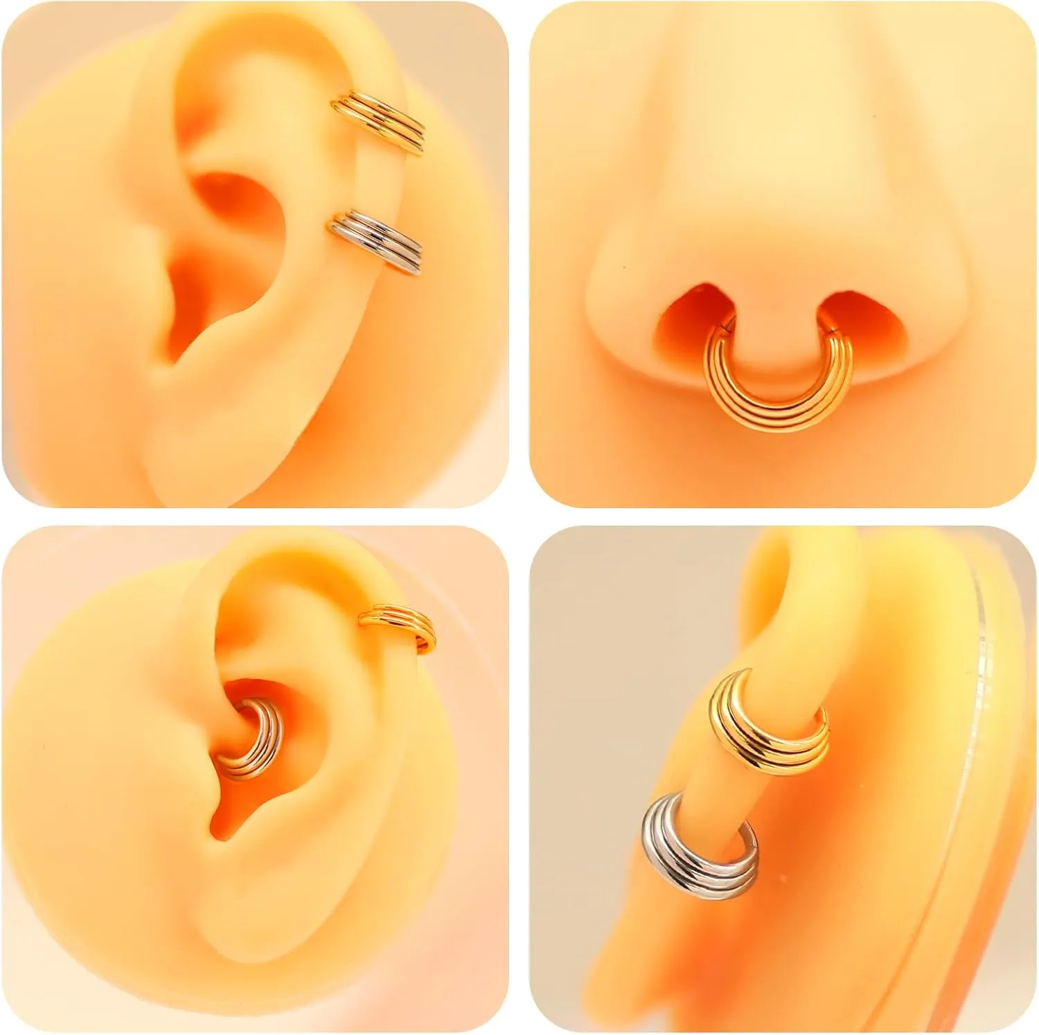 16g 18g Surgical Steel Cartilage Hoops with Chains Designs 6mm 8mm 10mm 12mm Triple Stacked Thick Hinged Nose Ring Hoop Segment Ring Clicker Septum Ring Daith Helix Conch Rook Piercing Jewelry Gold Silver
