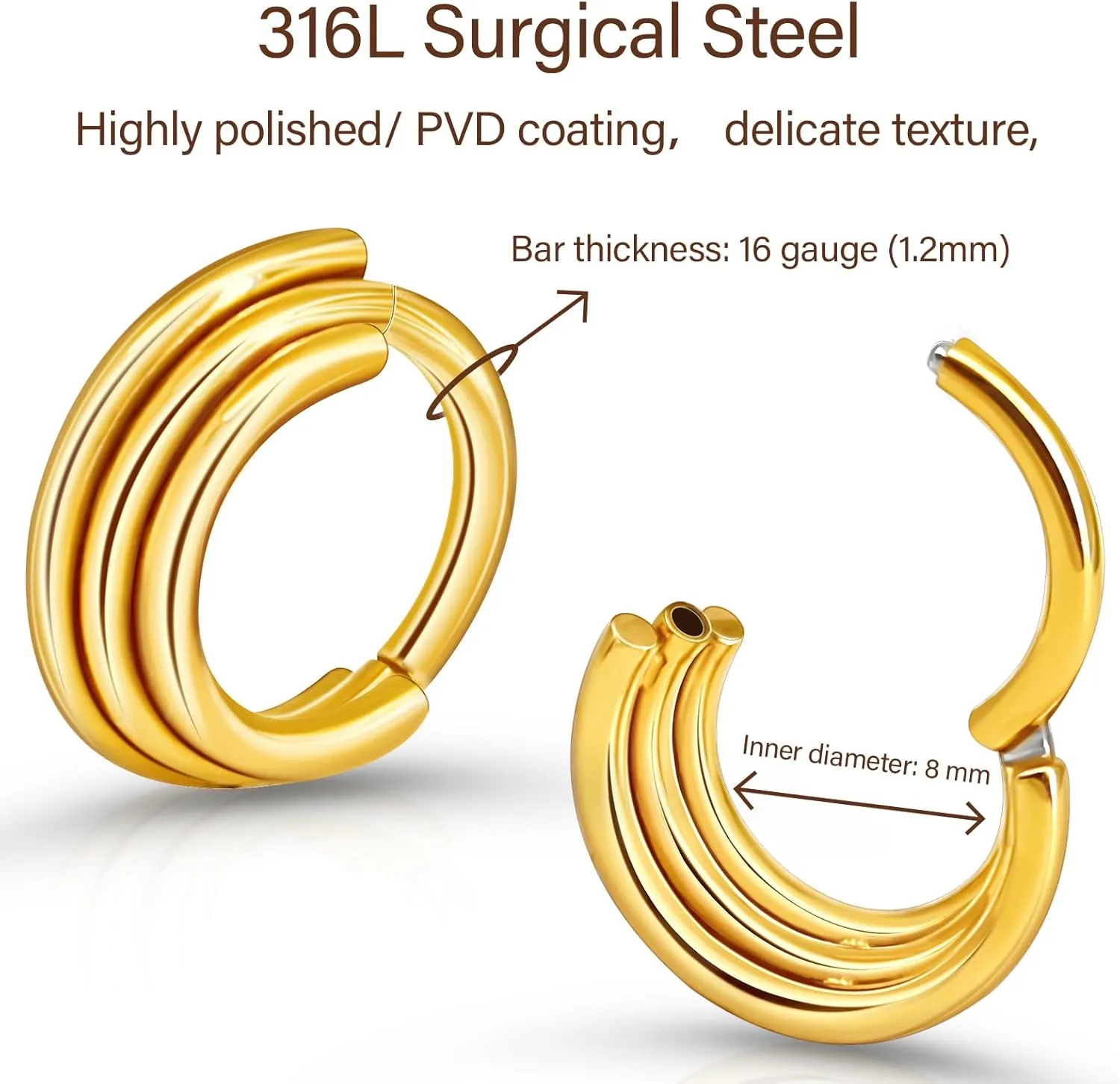 16g 18g Surgical Steel Cartilage Hoops with Chains Designs 6mm 8mm 10mm 12mm Triple Stacked Thick Hinged Nose Ring Hoop Segment Ring Clicker Septum Ring Daith Helix Conch Rook Piercing Jewelry Gold Silver