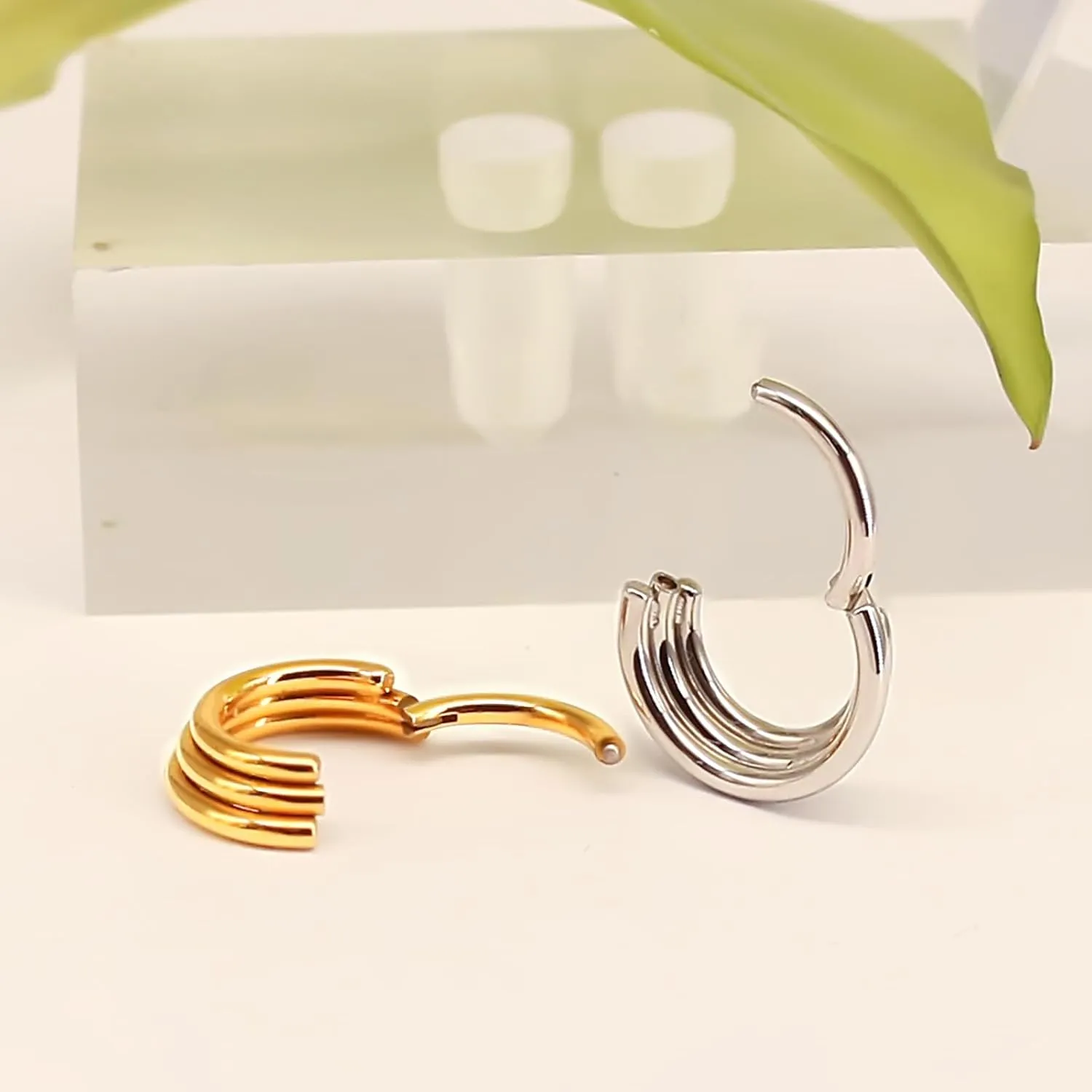 16g 18g Surgical Steel Cartilage Hoops with Chains Designs 6mm 8mm 10mm 12mm Triple Stacked Thick Hinged Nose Ring Hoop Segment Ring Clicker Septum Ring Daith Helix Conch Rook Piercing Jewelry Gold Silver