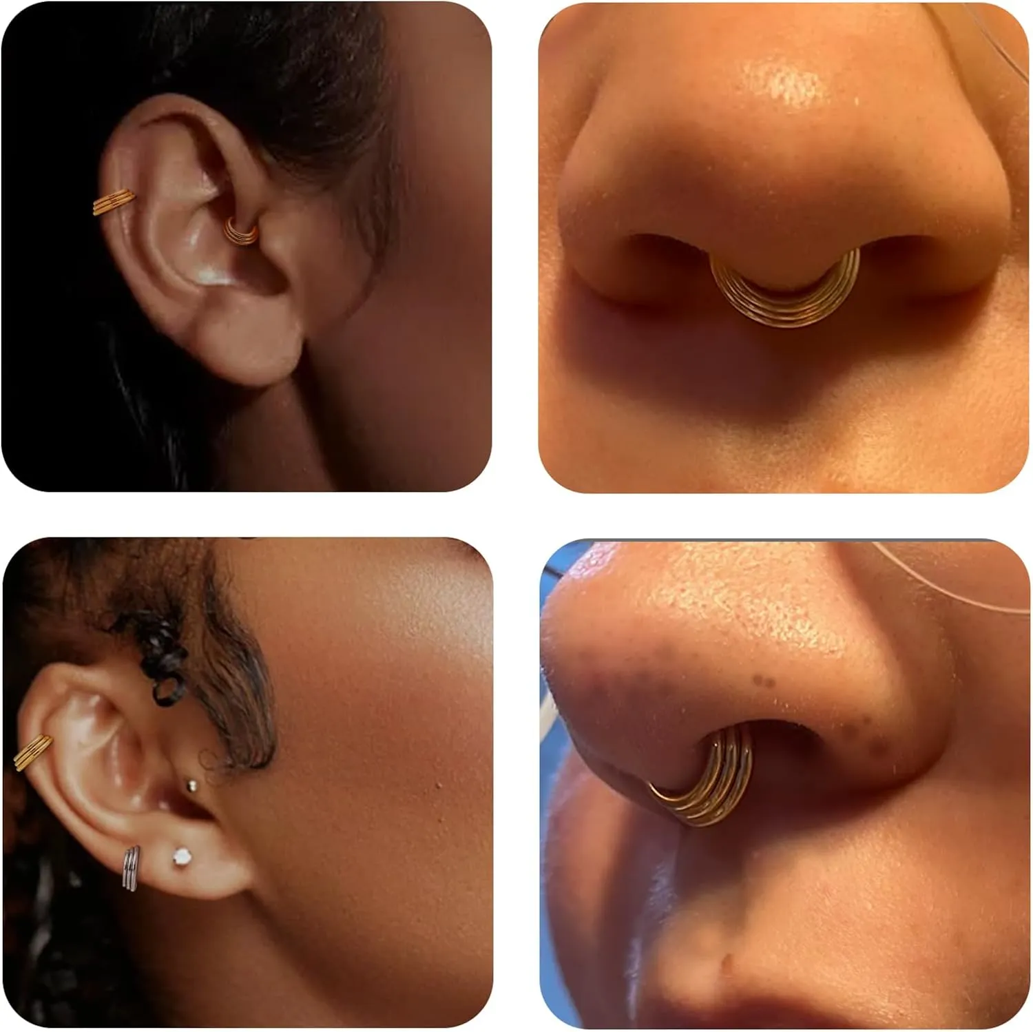 16g 18g Surgical Steel Cartilage Hoops with Chains Designs 6mm 8mm 10mm 12mm Triple Stacked Thick Hinged Nose Ring Hoop Segment Ring Clicker Septum Ring Daith Helix Conch Rook Piercing Jewelry Gold Silver