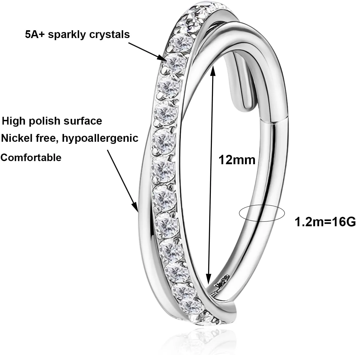 16G Titanium Cartilage Earring Hoop for Conch Helix Tragus 8mm 10mm 12mm Hypoallergenic Hinged Clicker Nose Rings Septum Piercing Jewelry for Women Men