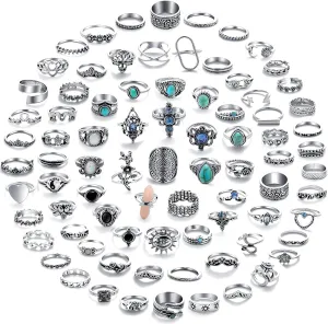 17 MILE 82 Pcs Vintage Silver Knuckle Rings Set for Women, Bohemian Stackable Joint Finger Rings, Retro Stone Crystal Stacking Midi Rings Pack