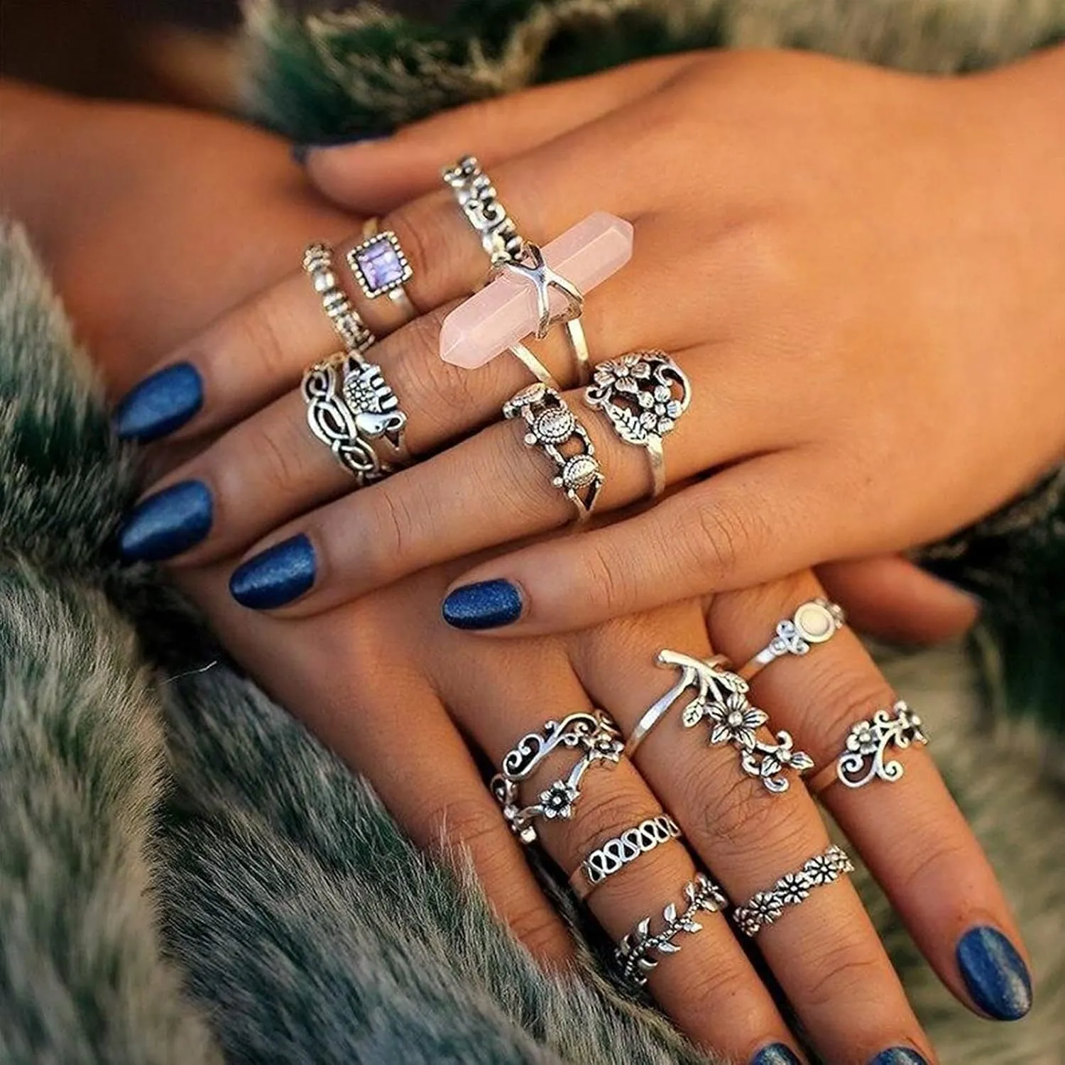 17 MILE 82 Pcs Vintage Silver Knuckle Rings Set for Women, Bohemian Stackable Joint Finger Rings, Retro Stone Crystal Stacking Midi Rings Pack