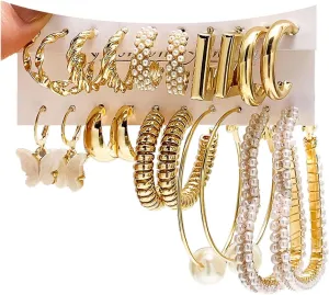 17IF 10 Pairs Gold Hoop Earring Set for Women,14K Gold Chunky Punk Earring Multipack Smooth Surface Trendy Big Small Stud Earring Lightweight Twisted Pearl Ear Pack For Birthday Party Gift