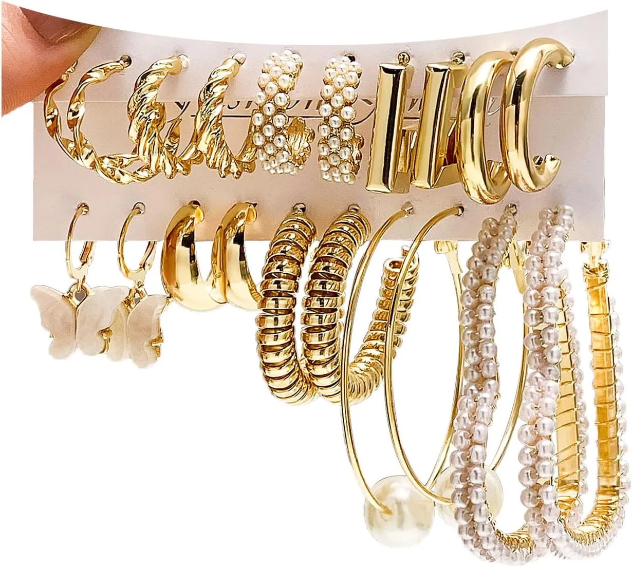 17IF 10 Pairs Gold Hoop Earring Set for Women,14K Gold Chunky Punk Earring Multipack Smooth Surface Trendy Big Small Stud Earring Lightweight Twisted Pearl Ear Pack For Birthday Party Gift