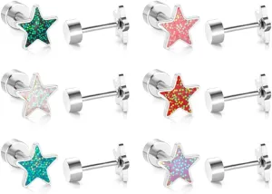 18G Glitter Star Colorful Screw Flat Back Small Stud Earrings for Women Surgical Steel Pink Green Red Purple Enamel Cartilage Tragus Piercing Little Studs Hypoallergenic Gift 6 Pairs Set