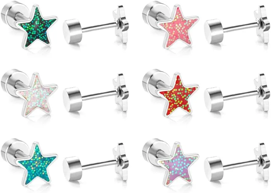 18G Glitter Star Colorful Screw Flat Back Small Stud Earrings for Women Surgical Steel Pink Green Red Purple Enamel Cartilage Tragus Piercing Little Studs Hypoallergenic Gift 6 Pairs Set