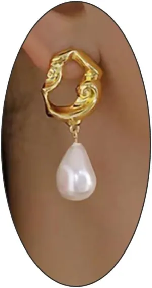 18k Gold Baroque Pearl Dangling Earrings for Women Irregular White Pearl Chunky Metal Drop Dangle Stud Earrings Vintage Statement Jewelry Gifts