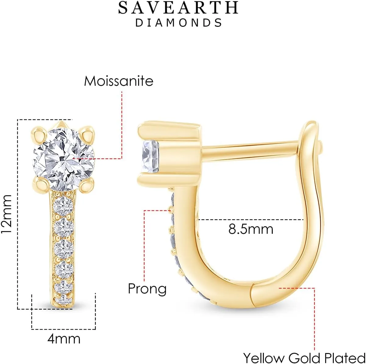 18k Gold Plated Huugie Hoop Earrings | Center 4MM, Moissanite Diamond Hoop Earrings For Women | Jewelry Gifts For Her (0.55 Ctw)