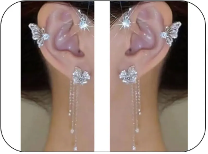 1Pairs Ear Cuff Earrings for Women, No Piercing Rhinestone Butterfly Tassel Style Earrings Ear Clip Wrap Around Fake Dangle Drop Earrings