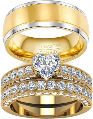 2 Rings His and Hers Couple Rings Bridal Sets Yellow Gold Plated Heart Cz Womens Wedding Ring Sets Tungsten carbide Man Wedding Bands