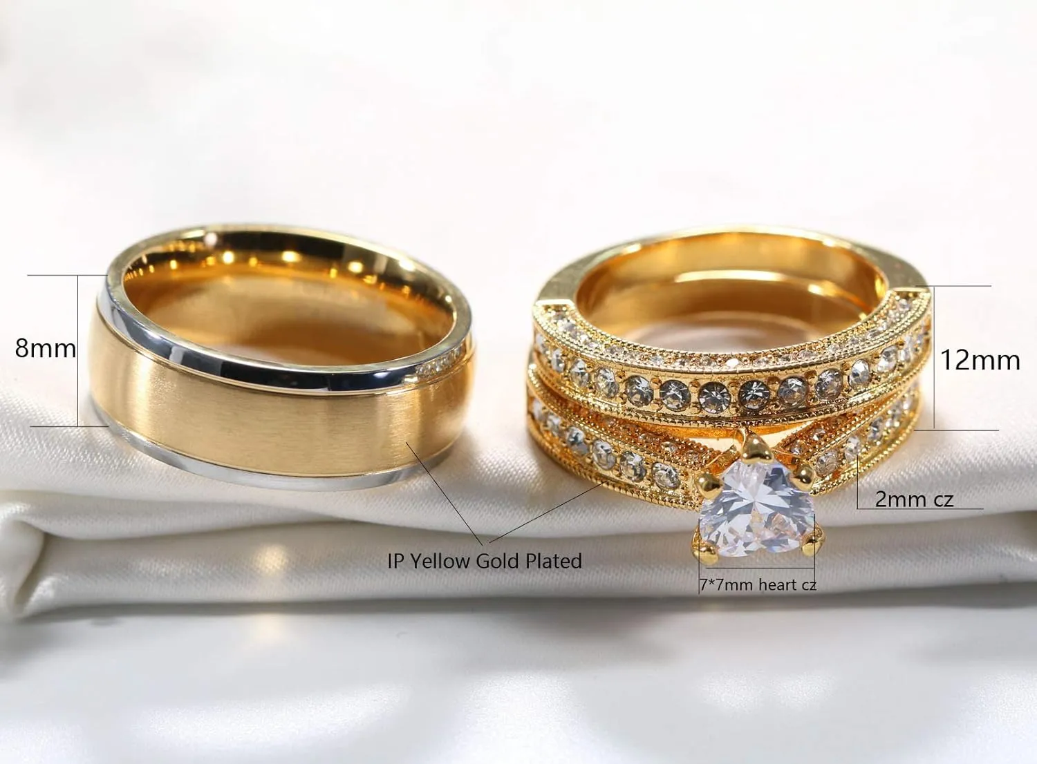 2 Rings His and Hers Couple Rings Bridal Sets Yellow Gold Plated Heart Cz Womens Wedding Ring Sets Tungsten carbide Man Wedding Bands