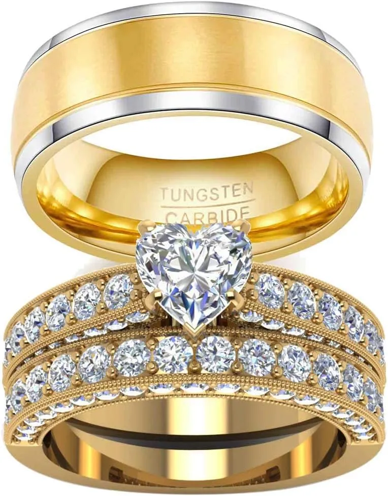 2 Rings His and Hers Couple Rings Bridal Sets Yellow Gold Plated Heart Cz Womens Wedding Ring Sets Tungsten carbide Man Wedding Bands