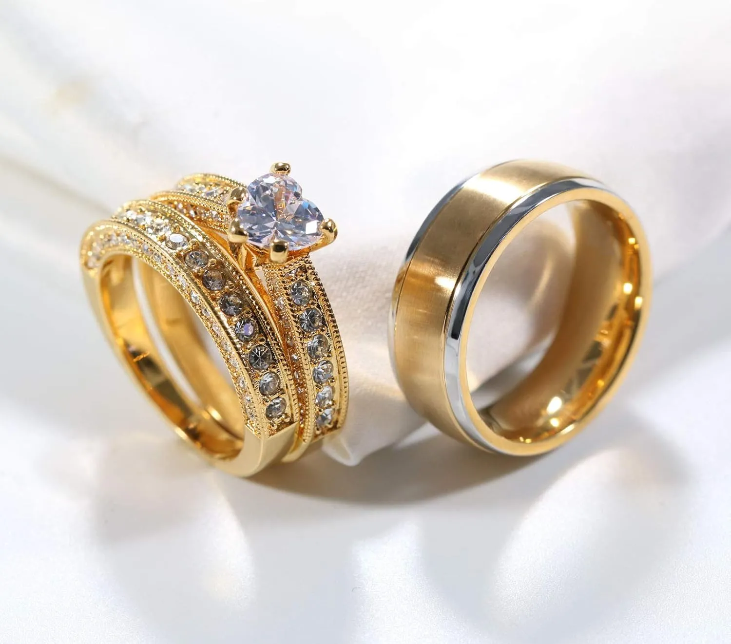 2 Rings His and Hers Couple Rings Bridal Sets Yellow Gold Plated Heart Cz Womens Wedding Ring Sets Tungsten carbide Man Wedding Bands