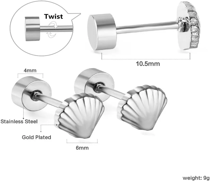 20G Shell Seashore Screw Back Small Stud Earrings for Women Minimalist 14K Gold Plated Surgical Steel Seashell Cartilage Tragus Piercing Sleeper Studs Hypoallergenic for Sensitive Ears Gift