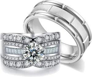 2.3Ct 18k White Gold Wedding Ring Sets for Him and Her Women Men Titanium Stainless Steel Bands Cz Couple Rings