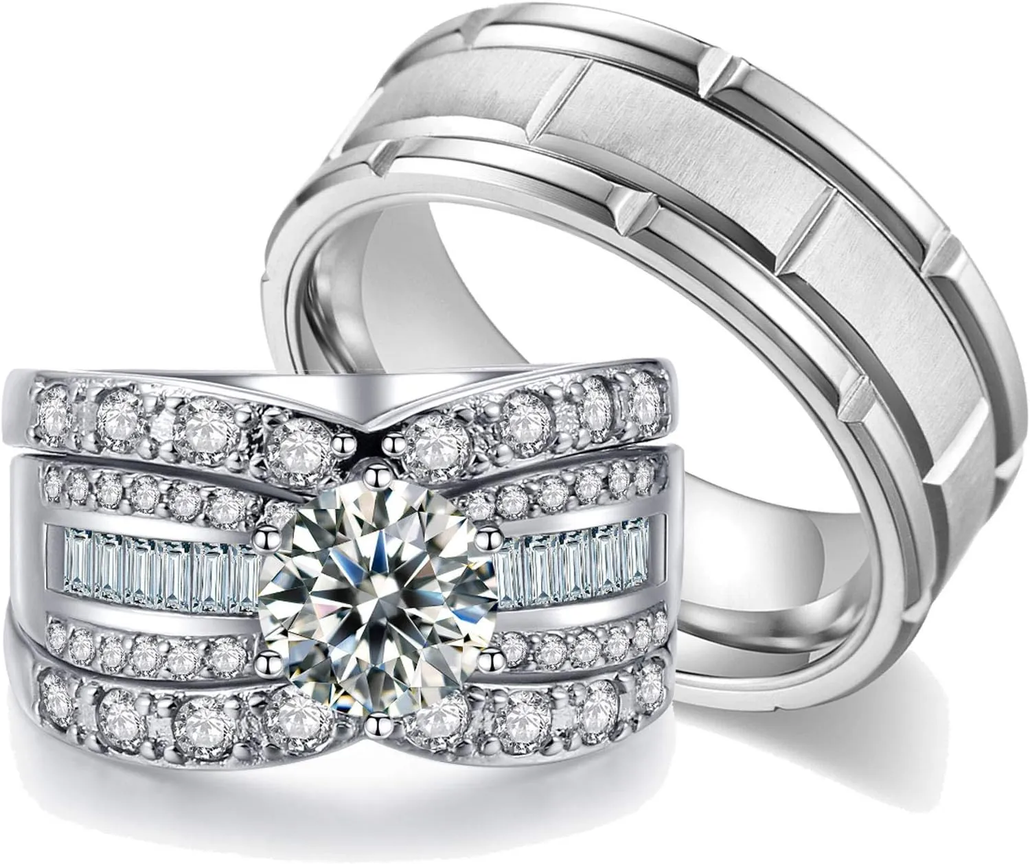 2.3Ct 18k White Gold Wedding Ring Sets for Him and Her Women Men Titanium Stainless Steel Bands Cz Couple Rings