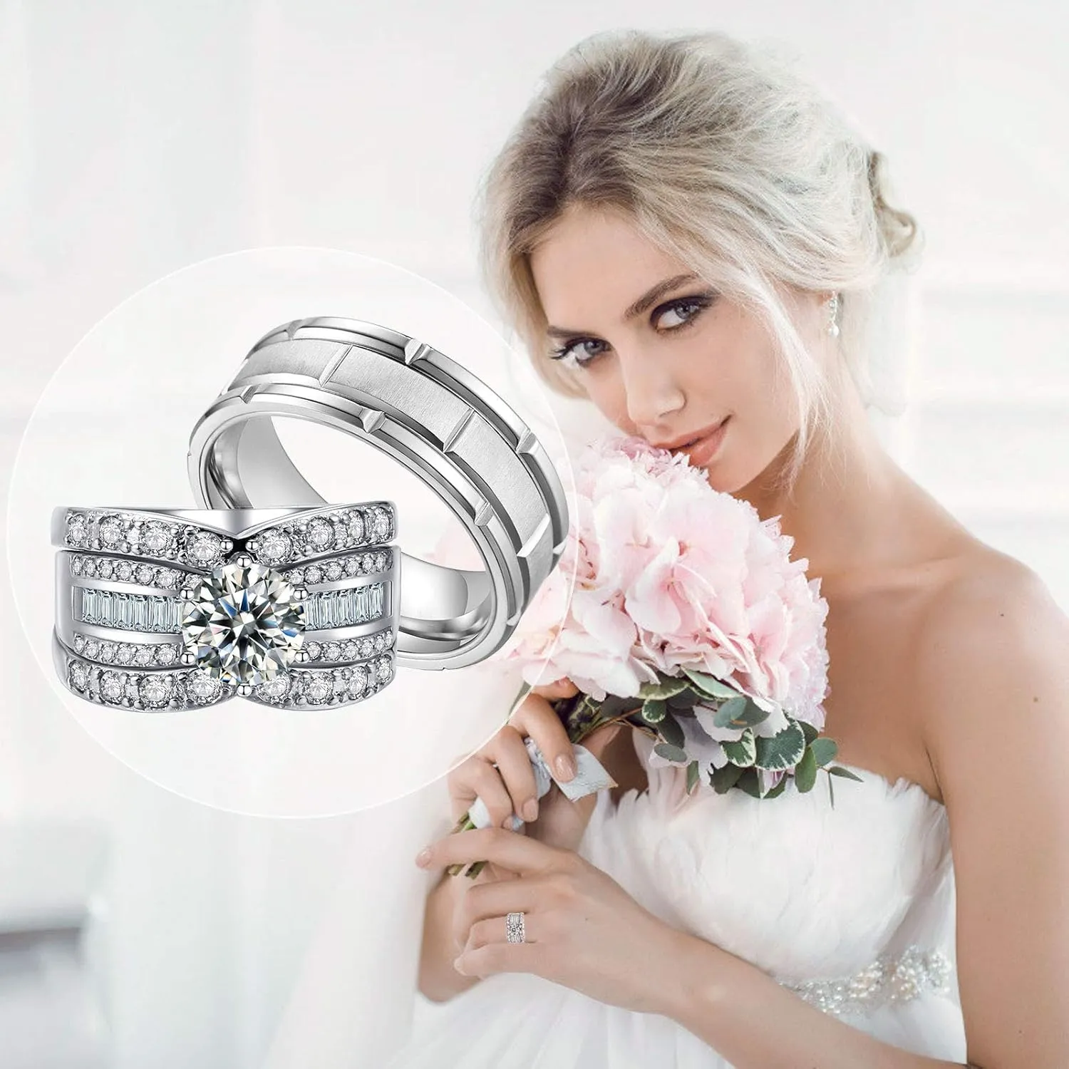 2.3Ct 18k White Gold Wedding Ring Sets for Him and Her Women Men Titanium Stainless Steel Bands Cz Couple Rings