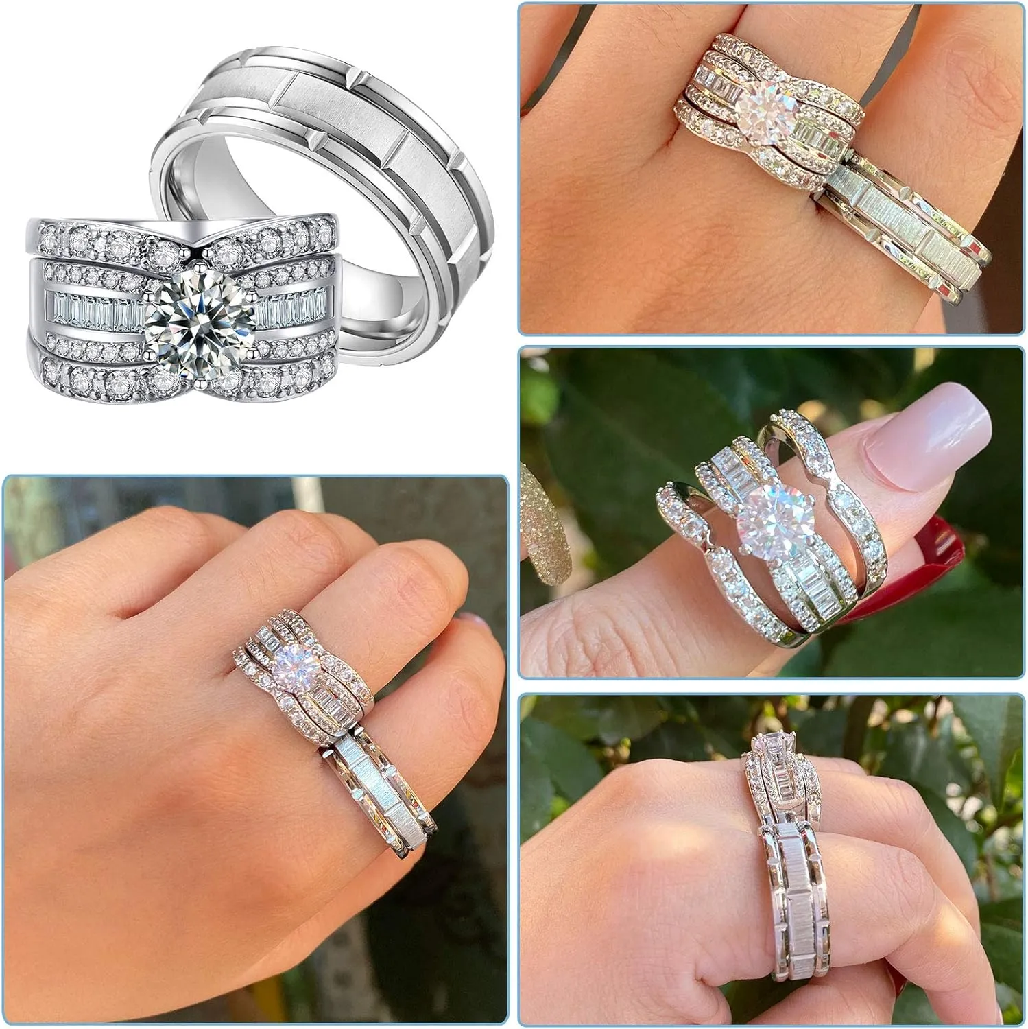 2.3Ct 18k White Gold Wedding Ring Sets for Him and Her Women Men Titanium Stainless Steel Bands Cz Couple Rings