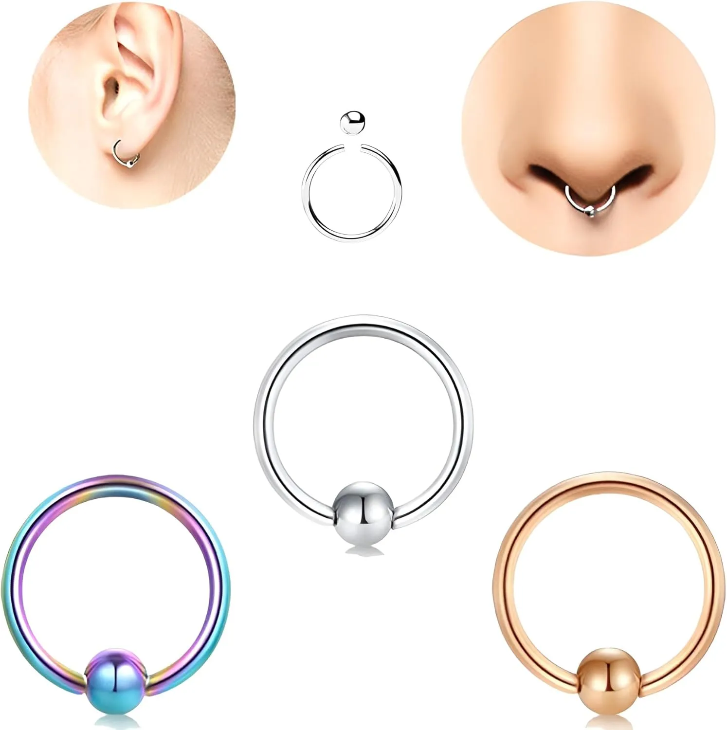 2PCS Silvery 1.2mm(16G) Titanium Steel Surgical Steel Septum Stainless Steel Hollow Spring Nose Rings Lip Ring Ear Clip Cartilage Earring Cuffs Non Pierced Jewelry for Women 8mm