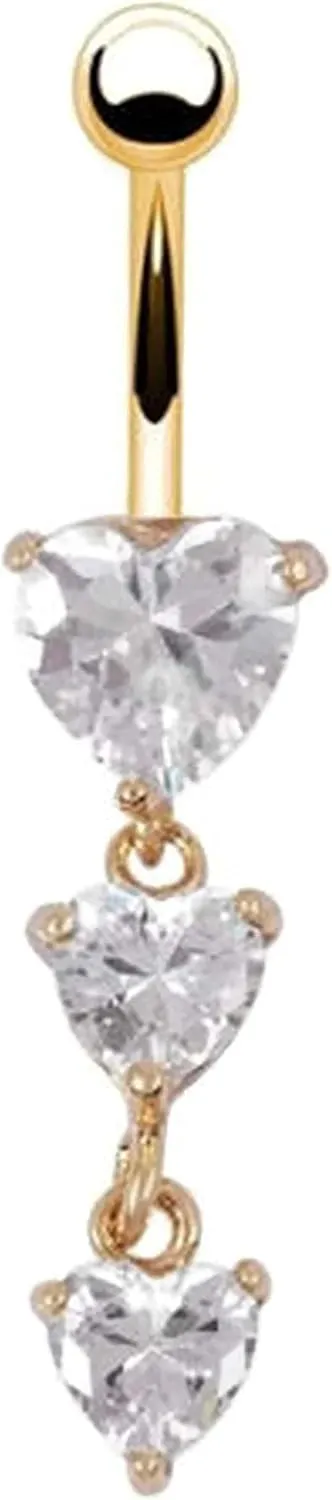 3 Heart Crystal Clear Dangle Gold Navel Rings Body Piercing Jewelry