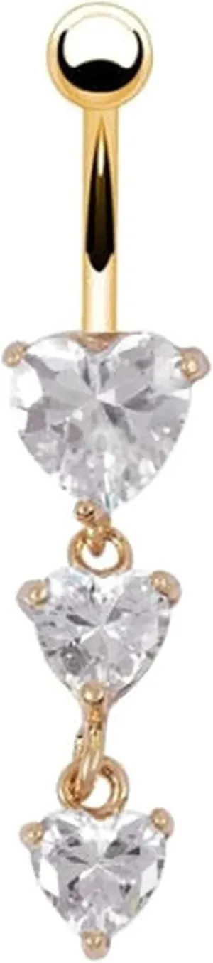 3 Heart Crystal Clear Dangle Gold Navel Rings Body Piercing Jewelry
