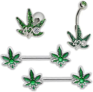3 Pairs of: 2 Pcs 14G Marijuana Weed Nipple rings; 1 piece of Green 4/20 Weed Marijuana Belly Ring with Cz Stone; 1 piece of 4/20 Marijuana Weed Leaf Green Silver Cartilage Ring