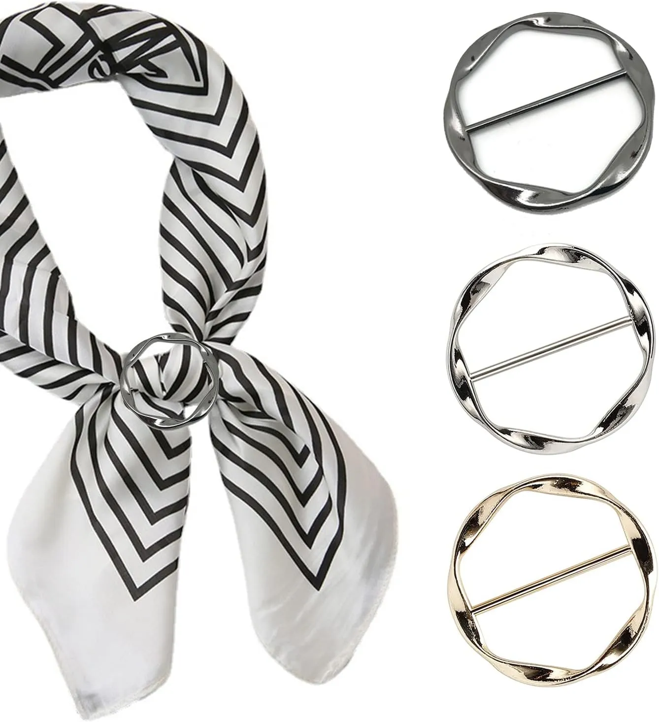 3 PCS Silk Scarf Ring Clip for Women T-shirt Tie Clips Clothing Ring Wrap Holder Fashion Round Circle Clip Belt Buckle (Gold Silver Black)