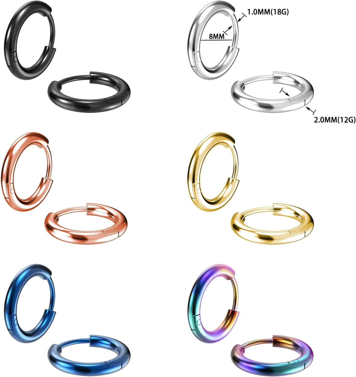 316L Surgical Stainless Steel Small Hoop Earrings 8mm 10mm 12mm 14mm Hypoallergenic Huggie Hoop Earrings Helix Lobes Hinged Sleeper Earrings Cartilage Piercings