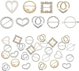 36 Pcs Scarf Ring Clips, Alloy Pearl Rhinestone T-Shirt Tie Clips Fashion Scarves Waist Buckle Clothing Ring Wrap Holder Metal Ring Clothes Corner Knotted Button for Women Girls Decorative Accessories