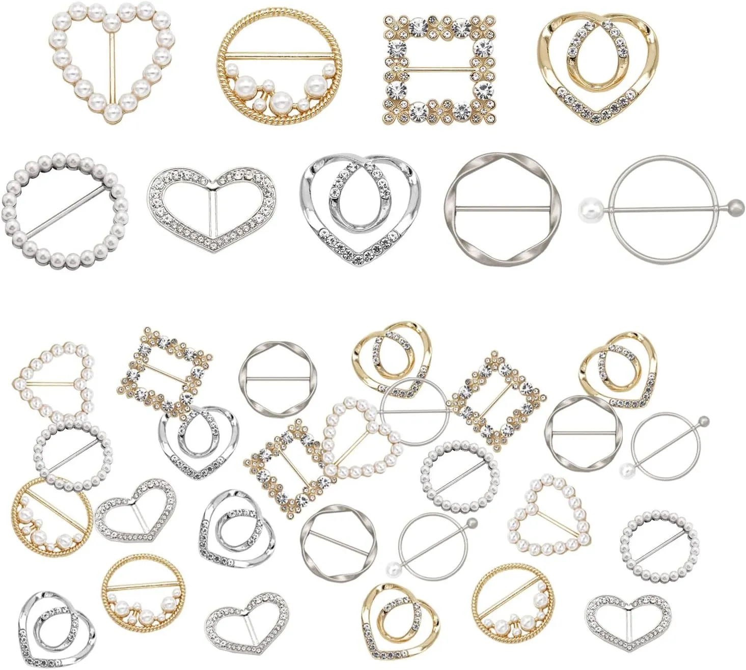 36 Pcs Scarf Ring Clips, Alloy Pearl Rhinestone T-Shirt Tie Clips Fashion Scarves Waist Buckle Clothing Ring Wrap Holder Metal Ring Clothes Corner Knotted Button for Women Girls Decorative Accessories