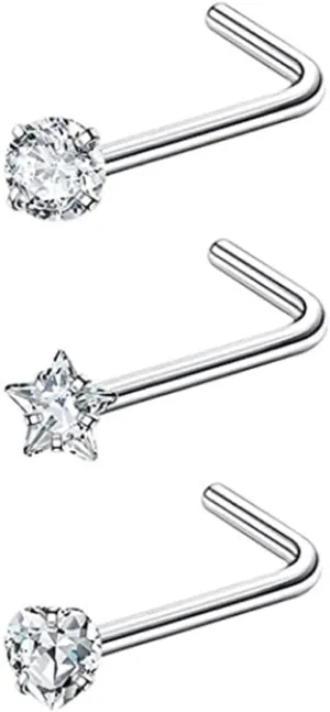 3Pcs Nose Rings Set for Women, 16G Nose Rings Stainless Steel Studs Heart Round and Star Cubic Zirconia Nose Stud Nose Rings Piercing Jewelry