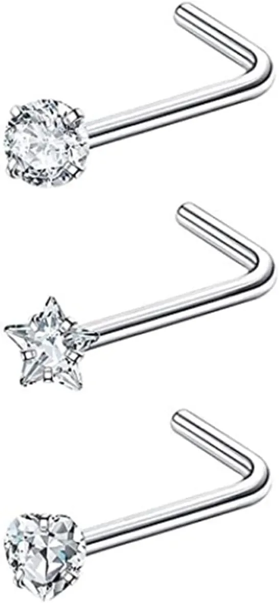 3Pcs Nose Rings Set for Women, 16G Nose Rings Stainless Steel Studs Heart Round and Star Cubic Zirconia Nose Stud Nose Rings Piercing Jewelry