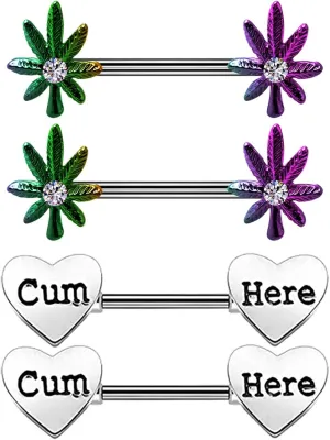 4 Pcs 14G Marijuana Leaf Nipple Rings Surgical Steel and Letter Letter Set Nipple Barbell for Women Men Body Piercing