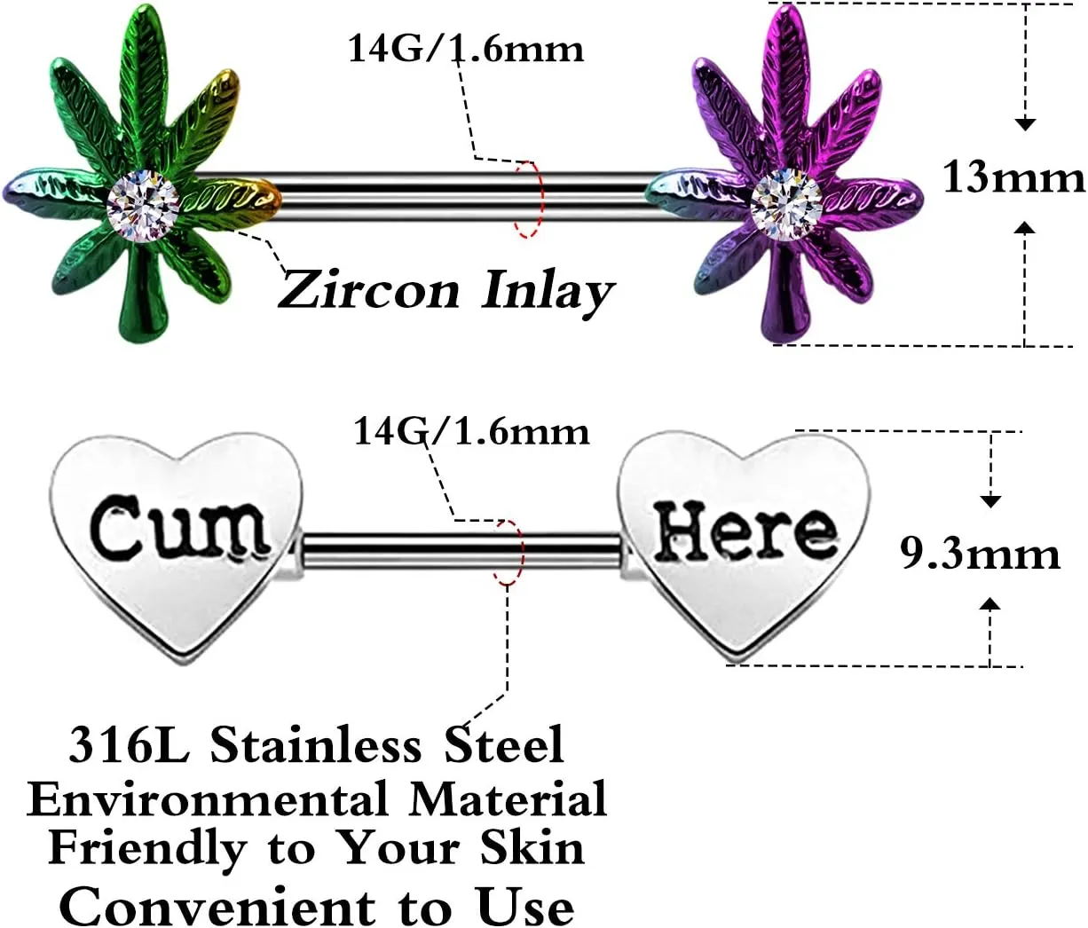 4 Pcs 14G Marijuana Leaf Nipple Rings Surgical Steel and Letter Letter Set Nipple Barbell for Women Men Body Piercing