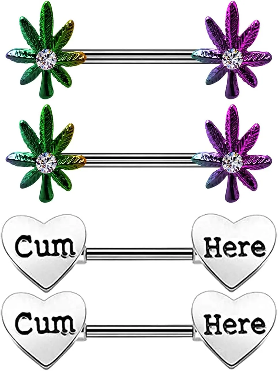 4 Pcs 14G Marijuana Leaf Nipple Rings Surgical Steel and Letter Letter Set Nipple Barbell for Women Men Body Piercing