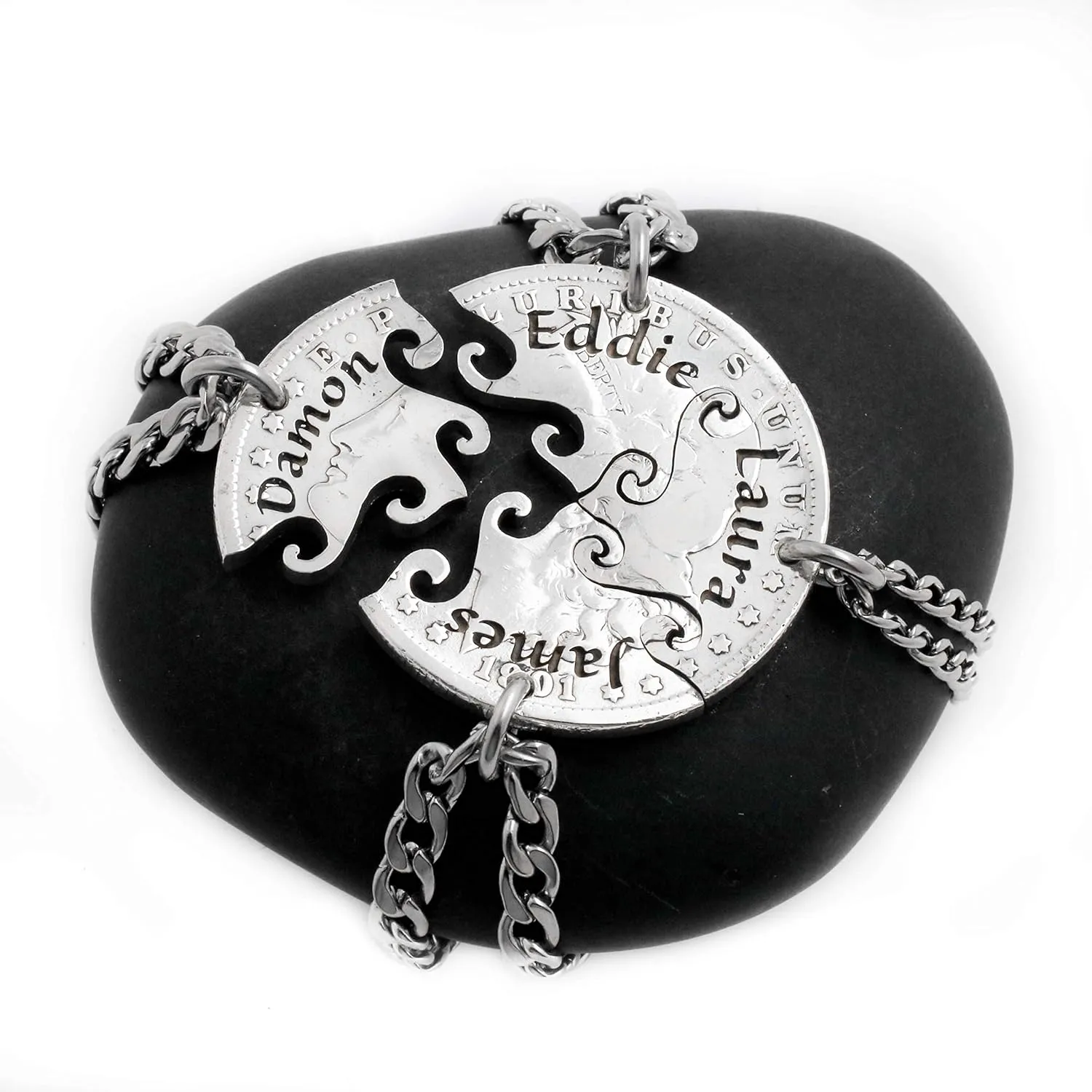 4 Piece Family Necklace with Custom Names, Family Jewelry, Hand Cut Coin, By NameCoins