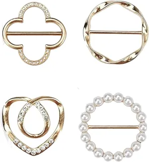 4PCS Scarf Ring Clip, T-shirt Ties Clips for Women, Alloy Pearl Rhinestone Circle Clip