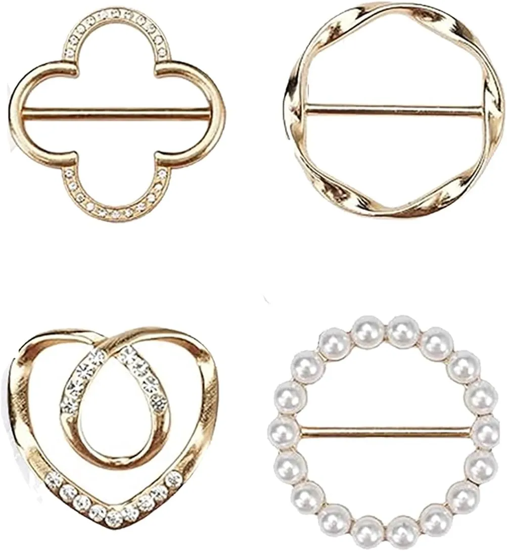 4PCS Scarf Ring Clip, T-shirt Ties Clips for Women, Alloy Pearl Rhinestone Circle Clip