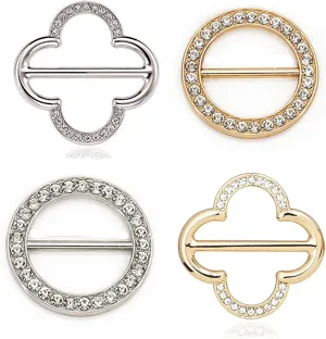 4PCS Silk Scarf Ring Clip T-shirt Tie Clips Clothes Corner Knotted Button Alloy Cz Round Circle Clip Buckle Clothing Ring Wrap Holder For Women Decorative Accessories