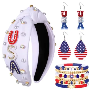 4th of July Accessories for Women American Flag Headband USA Earrings Red Blue White Beaded Heishi Bracelets USA Patriotic Fourth Of July Accessories Outfits Jewelry Gifts (White A)